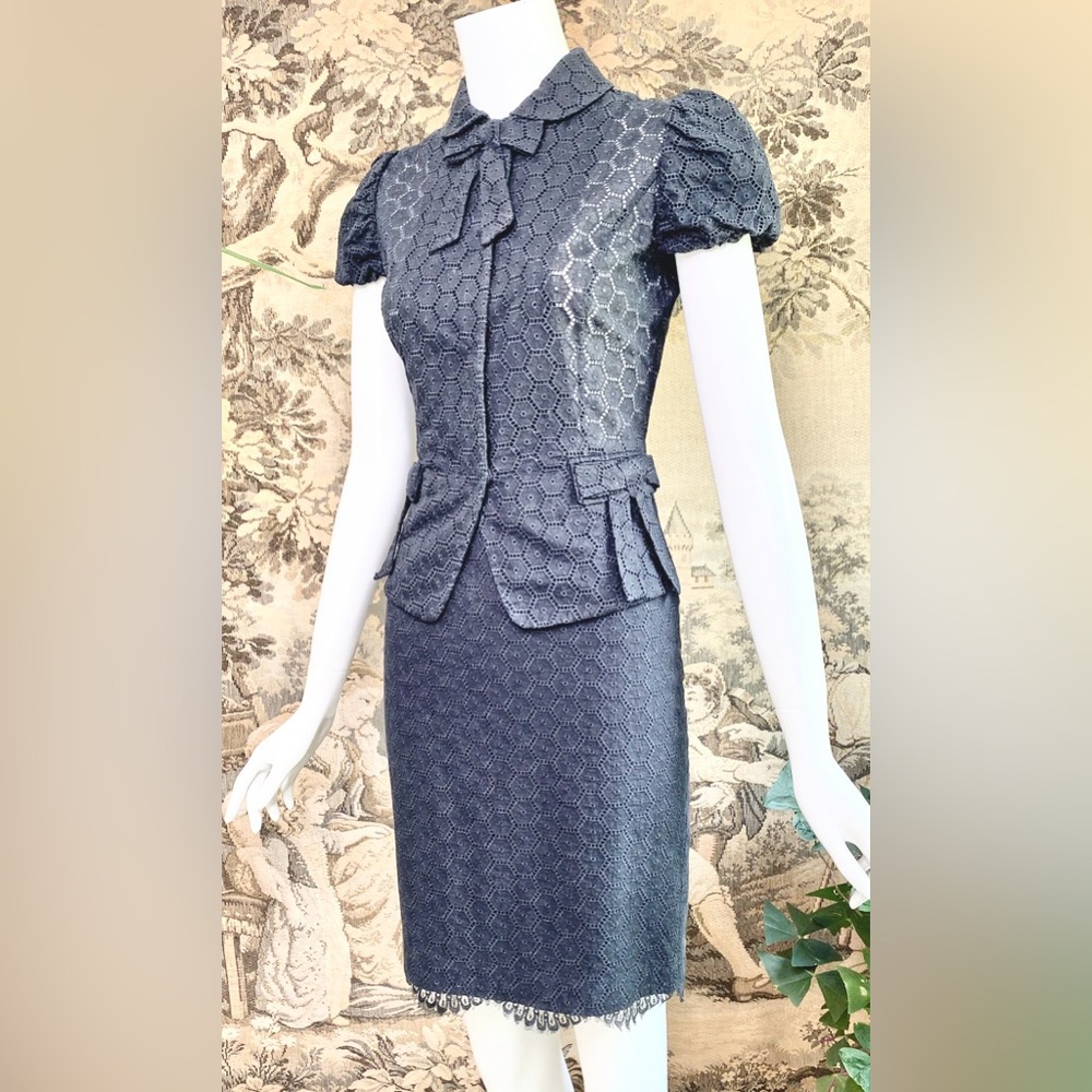 Blumarine Black Eyelet Bow Peplum Puff Sleeve Blazer Top Sz XS